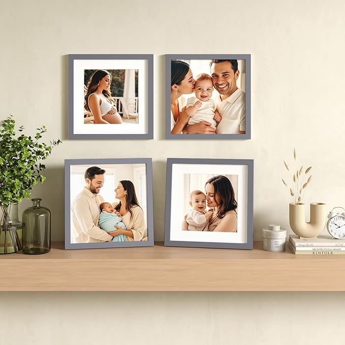 Egofine 11x11 Grey Picture Frames 4 Pack Display Pictures 4x4/8x8 with Mat or 11x11 Without Mat Made of Solid Wood for Table Top Display and Wall Mounting Photo Frame, Dark Grey