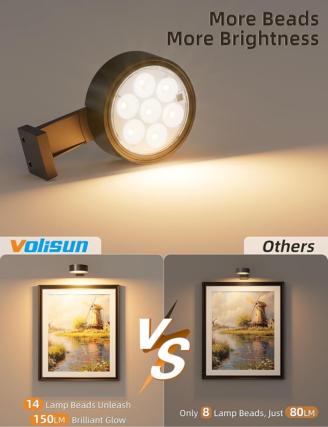 VOLISUN Picture Lights for Wall, 4000mAh Rechargeable Picture Light Battery Operated, 3 Color Temperatures Cordless Picture Light with Remote, Art Light for Painting, Gallery, Portrait, 3 Pack (Black)