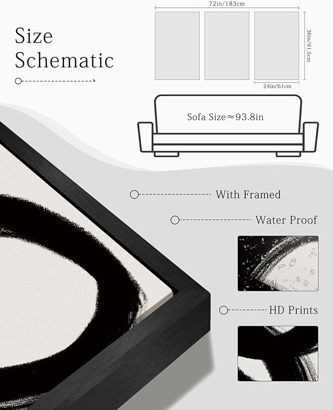 KUVIOKE Black and Wahite Abstract Framed Wall Art Ink Wash Minimalist Lines Painting Artwork for Bedroom Hallway 24x36in (Black Framed)