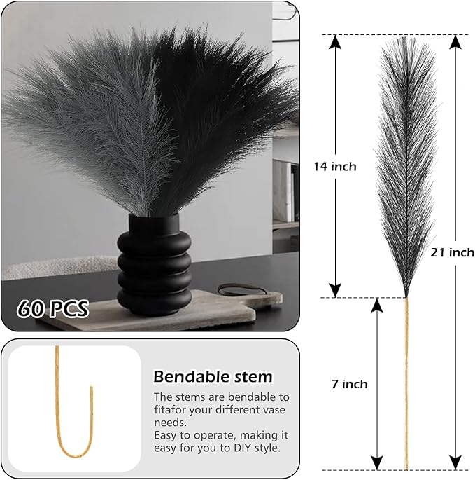 60 Pcs Pampas Grass Black and Dark Grey Decor 21.7" Fluffy Faux Short Pampas Grass Artificial Small Pompas Grass Flower Vase Filler for Home Wedding Decoration