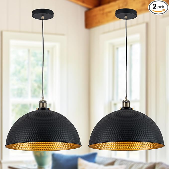 Industrial Large Black Gold Pendant Lights 2-Pack Vintage 16" Dome Pendant Light Fixtures with Golden Finish Rustic Farmhouse Black Pendant Lights for Kitchen Island, Dining Room, Bedroom