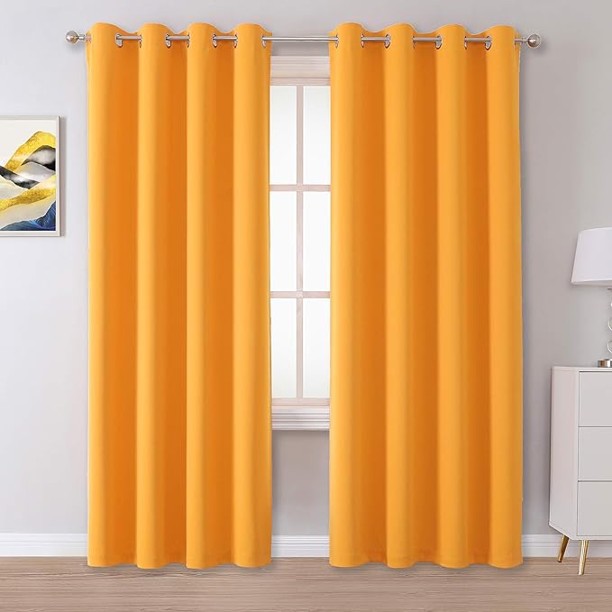 Dualife Marigold Blackout Curtain Panels/Drapes for Living Room 84 inch Length Solid Energy Efficient Room Darkening Bedroom Curtains Thermal Insulated Grommet Top 52x84 inch Orange Yellow