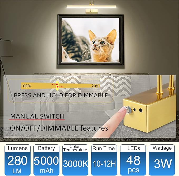 FUNCHDAY Picture Light Wireless, 13inch Rechargeable Battery Operated Gallery Painting Light with Remote, 280LM Dimmable Metal Art Lights for Paintings,Wall,Portrait (Brass)
