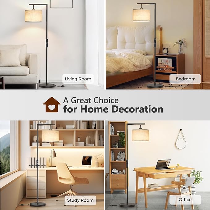 Floor Lamps with Remote Control and Stepless Dimmable Color Temperature and Brightness Standing Lamp with Adjustable Beige Linen Lampshade Pole Lamp for Bedroom Office, 9W Bulb Included, Black