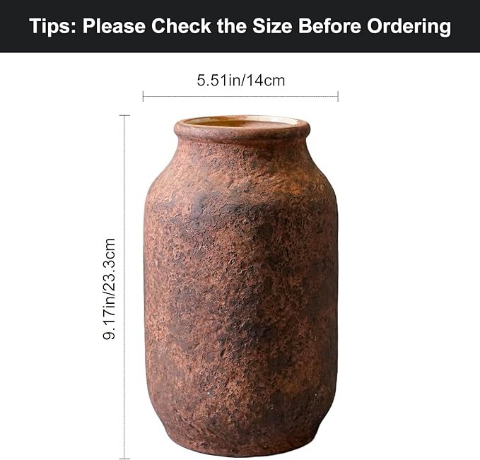 Terracotta Vase, Large Rustic Ceramic Vase, Farmhouse Decor for Living Room, Shelf, Mantle, Entryway, Room Decor, 9 Inch, Brown