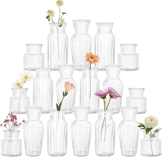 Modern Clear Glass Vase Set - 18Pcs Small Handmade Flower Vases, Decorative Mini Bud Vases for Wedding Reception, Dining Table, and Home Decor - Perfect for Single Stem Flowers