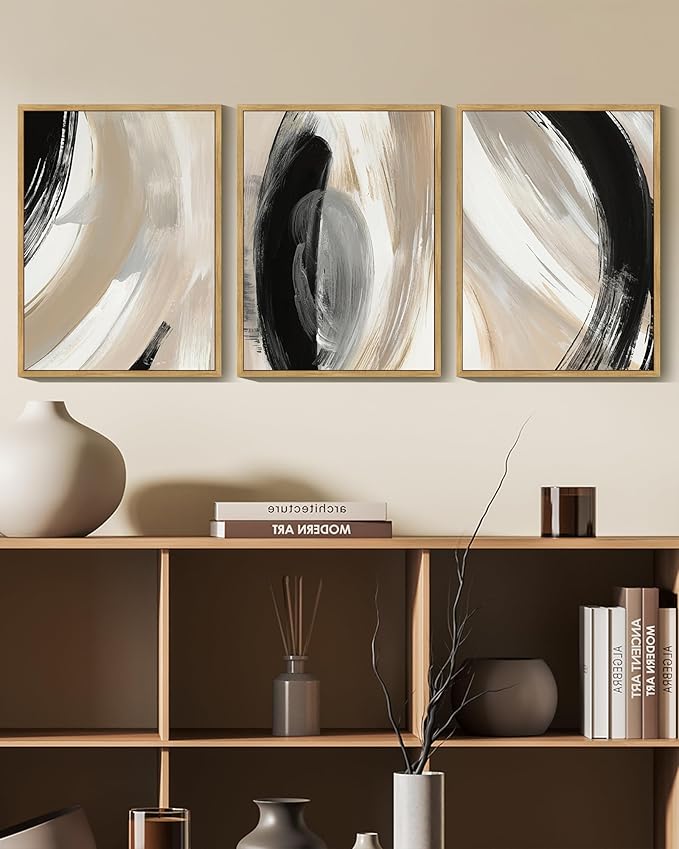 KUVIOKE Modern Abstract Framed Wall Art Black Neutral Minimalist Ink and Wash Graffiti Pastel Wall Decor for Bedroom Living Room 12x16in (Natural Framed)