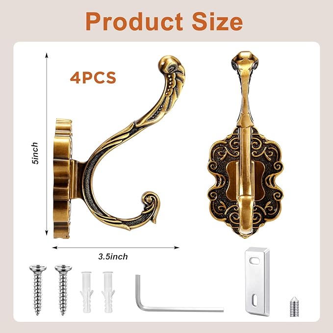 Zonon Vintage Coat Hooks Antique Wall Hooks Towel Hook for Hanging Purse Hat Keys Clothes Curtain Unique Heavy Duty Bathroom Hook for Wall (4 Pcs,Brass)