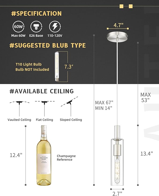 AUTELO 2 Pack Pendant Lights Kitchen Island, Brushed Nickel Hanging Lamp, Modern Cylinder Glass Pendant Lights, Hanging Light for Kitchen Island Dining Room Bathroom, H3875 ST-2PK