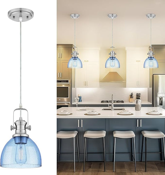 Pendant Lights Kitchen Island, 7.5" Farmhouse Pendant Lighting with Blue Seeded Glass Shade, Vintage Hanging Light Fixtures for Dining Room, Brushed Nickel Finish, AD-22151-1P-SN-BL