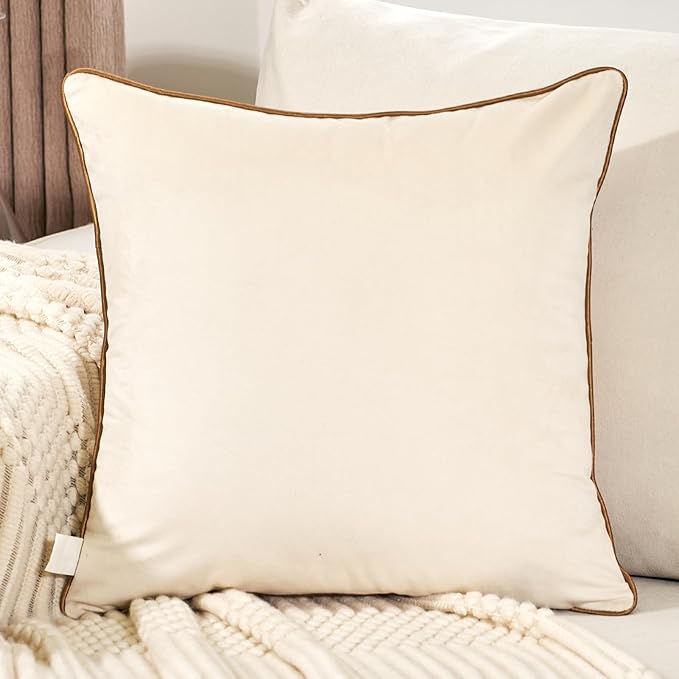 Aeckself White Gold Plaid Geometric Throw Pillow Cover 18x18 Inch, Soft Velvet Embroidery Modern Square Decorative Pillow Cover with Stitched Edge for Couch Living Room Bedroom