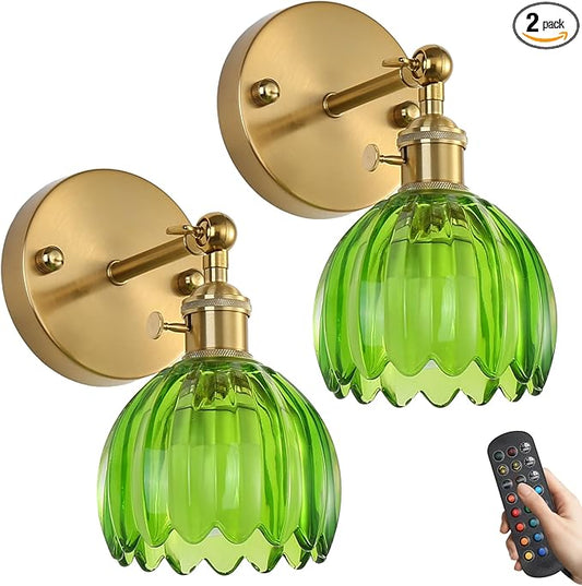 Battery Operated Wall Sconce Set of 2 with Green Floral Glass Shade Vintage Wireless Wall Light with Remote Control for, Living Room, Bedroom, Dressing Table and Bathroom Timer/Memory Function/Dimmer