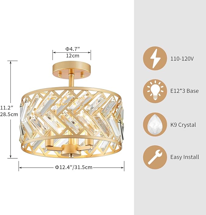 Shrine Lighting Crystal Ceiling Light, Gold Crystal Chandelier for Living Room, D12.4'' x H11.2'', E12*3 Sockets, Ctystal Lampshade & Gold Finish Frame