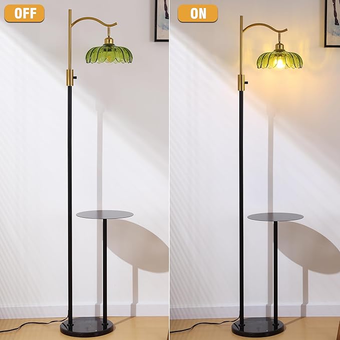 Vintage Dimmable Arc Floor Lamp with Side Table and Marble Base, Farmhouse Standing lamp with Green Glass Lampshades for Living Room Bedroom