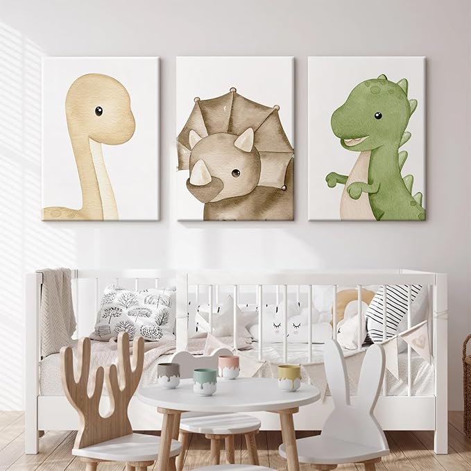 Dinosaur Wall Art Kids Boys Room Canvas Wall Decor Dino Nursery Wall Art Pictures Baby Dinosaur Poster Prints for Boys Bedroom Bathroom 12x16 Inch Framed Set of 3