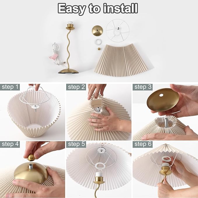 Pleated Table Lamp, S Tube Modern Table Lamp for Bedroom, Bedside Lamps with Organic Textured Linen Lampshade for Nightstand Bedroom Home Office Decor, Gold