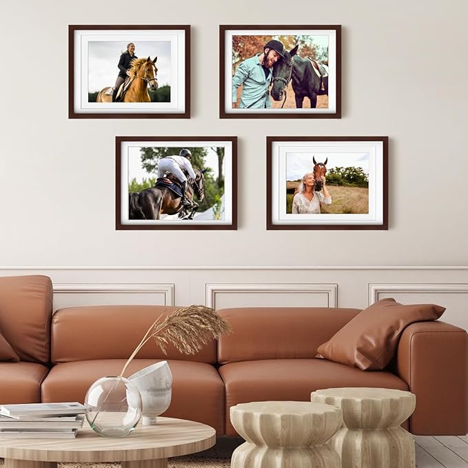 Egofine 12x16 Picture Frames with Plexiglass, Display Pictures 9x12/11x14 with Mat or 12x16 Without Mat Set of 4 for Wall Mounting,Walnut Color