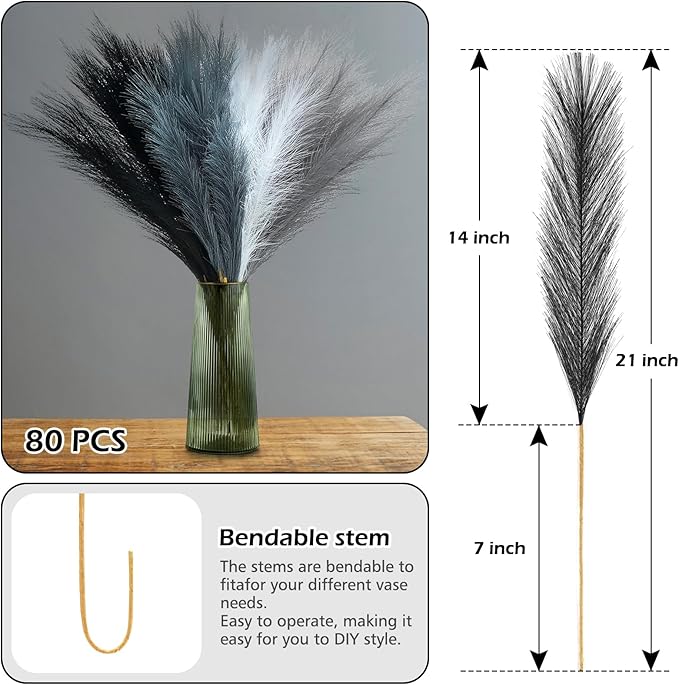 80 Pcs Pampas Grass Decor 21.7" Fluffy Black White Grey Faux Short Pampas Grass Artificial Small Pompas Grass Flower Vase Filler for Home Wedding Decoration