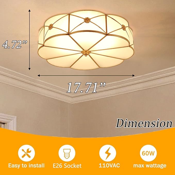 MIXL- Mid Century Brass Flush Mount Ceiling Light, 4-Light LED Brass and Glass Ceiling Lamp, Frosted Glass Shade Modern Light, Close to Ceiling Light Decorative for Bedroom Living Room(17.71" W)