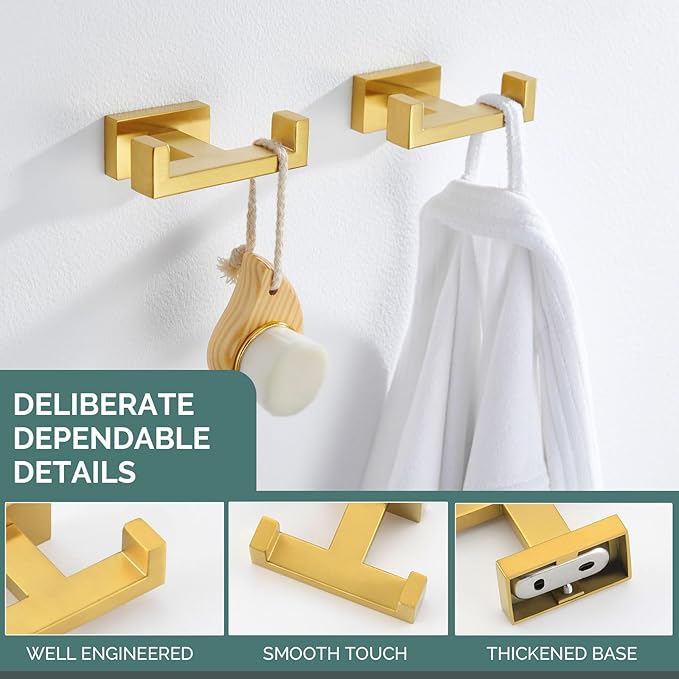 Angle Simple Double Towel Hook Brushed Gold 2 PCS, SUS304 Stainless Steel Bathroom Hand Towel Holder, Double Robe Hook for Wall