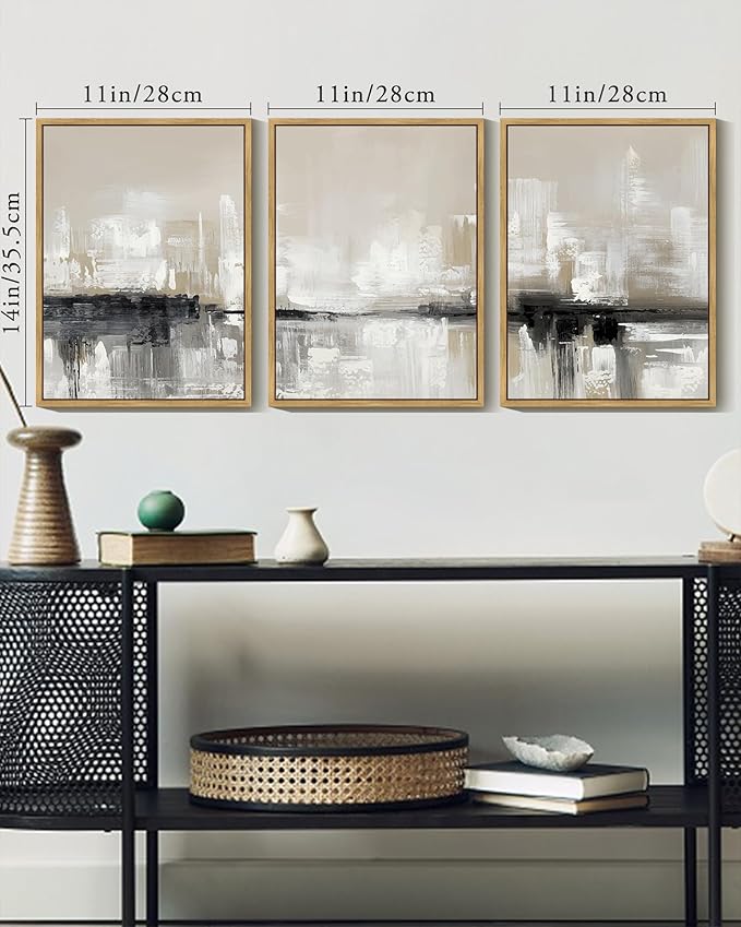 KUVIOKE Abstract Gray Framed Wall Art Neutral Brown Artwork Painting Morden Minimalist Wall Decor Rustic Home Decor 11x14in (Natural Framed)