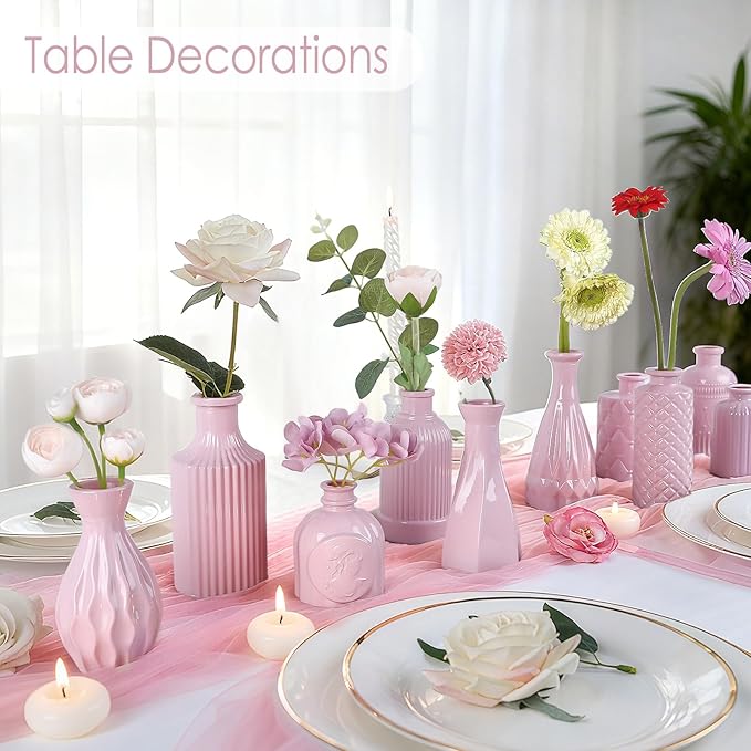 Blush Pink Glass Bud Vase Set of 12 – Mini Vintage Vases for Flowers, Centerpieces, Wedding & Home Décor