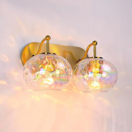 Brushed Gold Vanity Light Stained Hammered Glass Wall Sconce 2-Light Brass Wall Lamp for Hallway Living Room Stairwell Bathroom Over Mirror (Brass Gold, 2-Light)