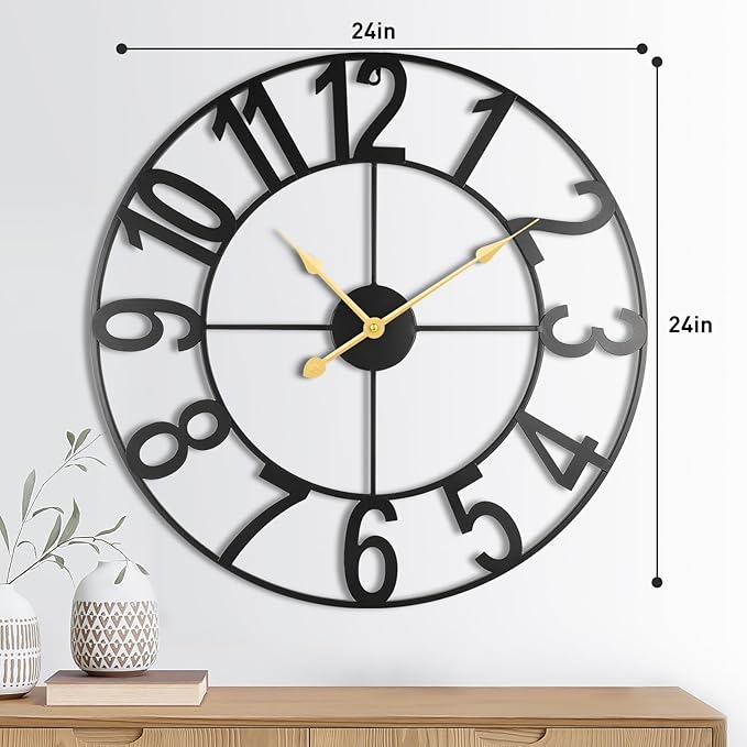24-Inch Large Wall Clocks for Living Room Decor, Silent Non Ticking Wall Clocks Battery Operated, Decorative Analog Metal Indoor Wall Clock for Kitchen, Bedroom, Office Decor-Gold Hands