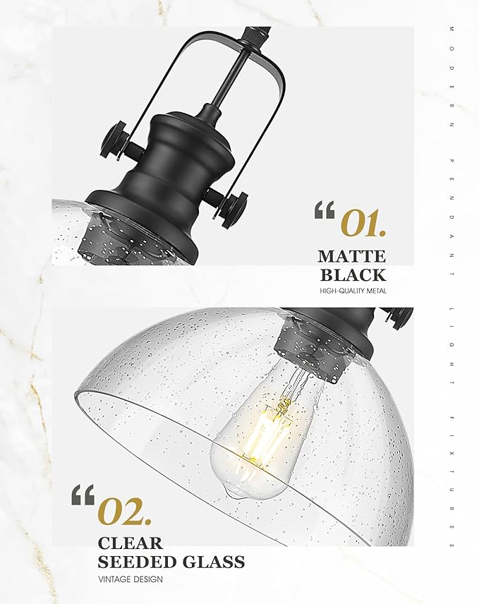 Black Pendant Lights Kitchen Island, 10.5" Farmhouse Pendant Lighting with Clear Seeded Glass Shade, Vintage Hanging Light Fixtures for Dining Room, AD-22151-1PL-BK