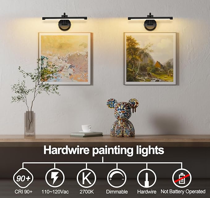 Black Picture Lights for Paintings Hardwired LED Wall Art Lighting 15.75" Dimmable Full Metal Gallery Light Modern Portrait Artwork Picture Frame Light with Single Swing Arm, 9W, 2700K, Warm White