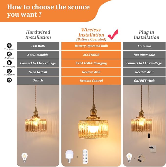 Battery Operated Pendant Light 5000mAh Rechargeable Chandelier with Remote Control Wireless Adjustable Hanging Amber Striped Light for Kitchen Island Dining Room Hallway