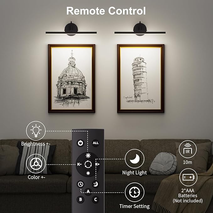 Hardwired Picture Light 12" LED Wall Art Light with Remote, 3CCT Dimmable Picture Lights for Wall, Gallery Art Lamp for Paintings Poster Light, 2700K-6500K Warm Nature White, 12W, Black