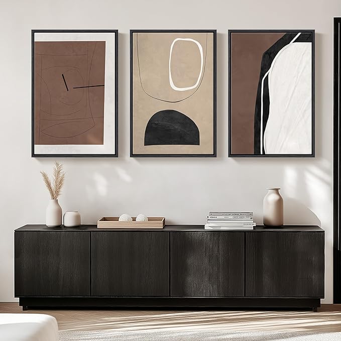Framed Black and Brown Abstract Wall Art for Living Room, Set of 3 Piece Large Canvas Picture Prints, Modern Neutral White Artworks for Dining Room Hallway Home Office Wall Decor, 24x36 Inch