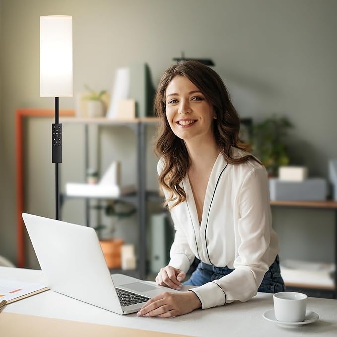 Ambimall 66'' Floor Lamps for Living Room with Remote Control and Stepless Dimmable Colors Temperature & Brightness, 9W Bulb Included(White Lampshade & Black Pole)