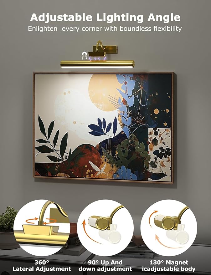 Picture Light Battery Operated, Wireless Art Light for Paintings, Dimmable 5000mAh Recharging Battery Picture Light with Remote Control for Wall, Gallery Dartboard Art Bedroom (Gold-1Pack)