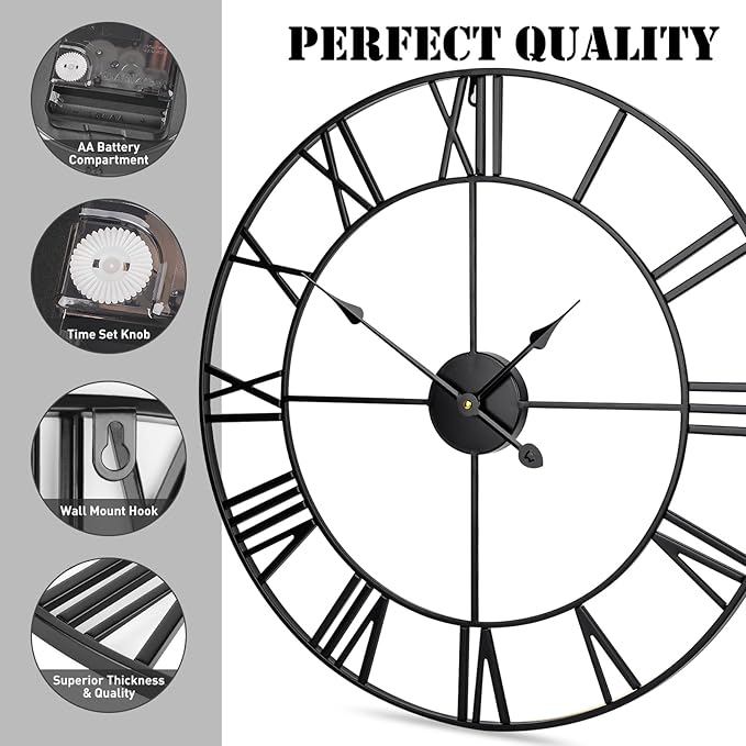 Large Wall Clock, 24-Inch(60CM) Roman Numeral Decorative Art Clock,Completely Silent, Non Ticking, Battery-Operated Metal Wall Clock for Living Room, Bedroom and Kitchen (Carbon Black)