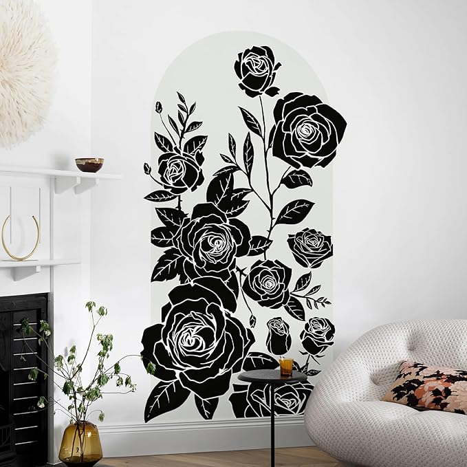 Large Arch Wall Decal Peel and Stick Black Rose Floral Accent Wall Stickers Self-Adhesive Modern Boho Floral Decal Vinyl Arch Wall Art for Headboard Living Room Bedroom Door Decor 63x 34.6IN