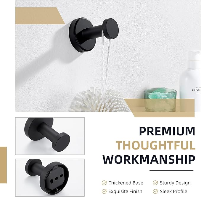 Angle Simple Towel Hook Matte Black, Stainless Steel Bathroom Hand Towel Holder, Compact Round Robe Hook Wall Mount