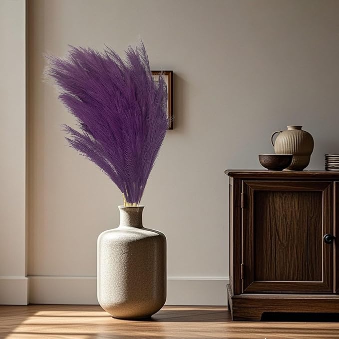 8 Pcs Deep Purple Tall Faux Pampas Grass Decor, 45 Inches Artificial Pampas Grass Bulk, Large Faux Pompas Dried Decor for Floor Vase Filler, Home Boho, Wedding Anniversaries, Baby Shower Decoration