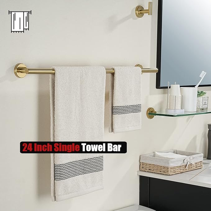 JQK Bath Towel Bar, 27 Inch Brushed Light Gold Towel Rack Bathroom, 304 Stainless Steel Thicken 0.8mm Towel Holder Wall Mount, Useable Length 24 Inch 2 Pack, TB110L24-BG-P2