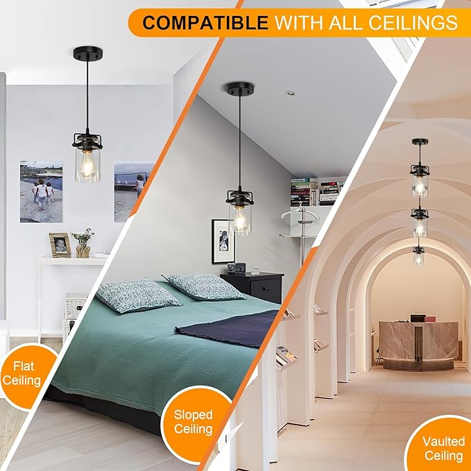 Industrial Pendant Lighting for Kithen Island, Black Pendant Light Fixture with Clear Glass Shade, Modern Mini Ceiling 3 Light Fixture Adjustable Kitchen Island Lighting(E26 Base)