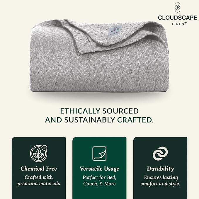 Cloud Scape Linen Herringbone Cotton Throw Blanket for Couch, Bed, Home Decor, Soft, Lightweight, All-Season Travel Blanket, 50 x 70, Light Grey