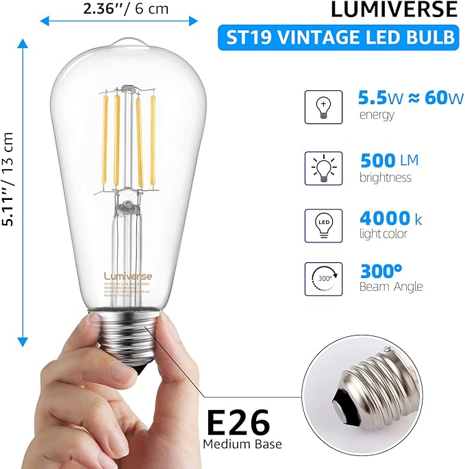 ST19 Dimmable LED Edison Bulb, 5.5W (60W Equivalent) 500LM, CRI 95+, 4000K Cool White, E26 Medium Base, Vintage Filament, Clear Glass, Standard Type A Lamp for Kitchen, Bathroom, Bedroom, 4 Pack