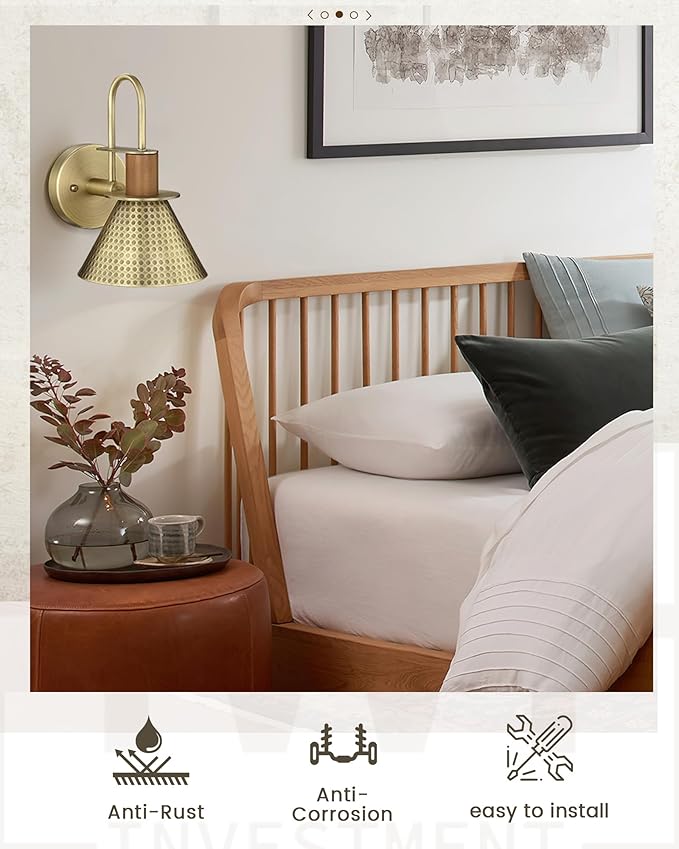 Industrial Wall Sconces Set of Two, HWH Indoor Wall Light Fixtures Gooseneck Barn Light, Single Wall Vanity Lamp for Bedroom Bedside Kitchen, Hammered Metal Shade, Antique Brass Finish, 5HZG74B-2L BG