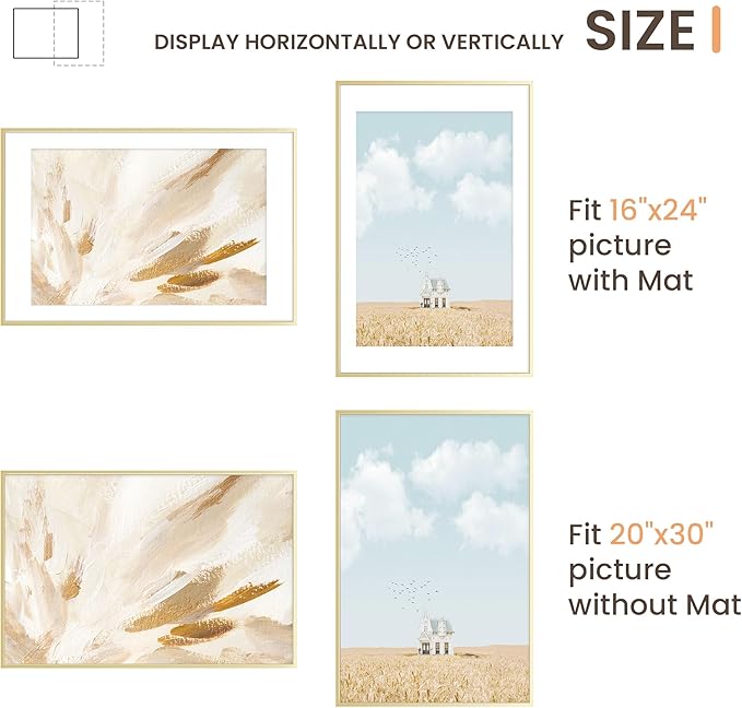 20x30 Aluminum Picture Frame, 20x30 Golden Metal Frame with Mat for 16x24 Photo, Wall Mounting or Tabletop Display, Poster Frame Sawtooth Picture Hangers Included for Home Wall Decor, Set of 1