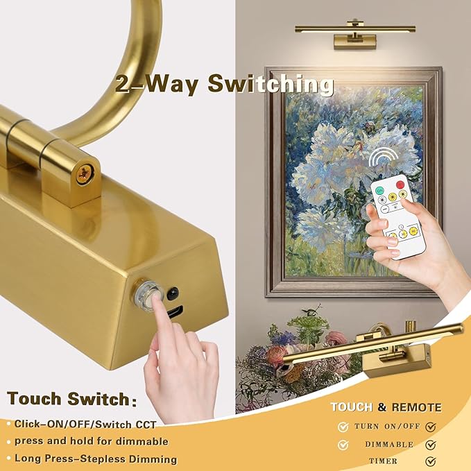 JUSHENG Wireless Picture Lights Battery Operated with Remote and Timer Brass Art Light with Swing Arm Rechargeable Gallery Lighting Artwork Lamp 15.75'' Inch 3W