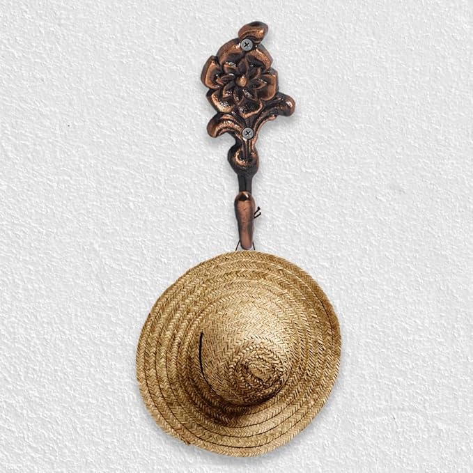 Multipurpose Hooks, Used to Hang Clothes, Bags, Coats, Curtain Hold Backs, Keys, Colour - Copper, Material - Brass, Flower Design, Screws and Wallplugs Included, Pack of 10 Pieces