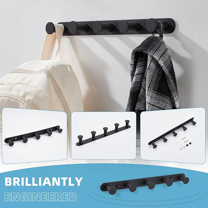 Angle Simple Towel Hook Rack Matte Black, SUS304 Stainless Steel Bathroom Hook Rail 5 Hooks, Utility Kitchen Towel Holder, Wall Mount