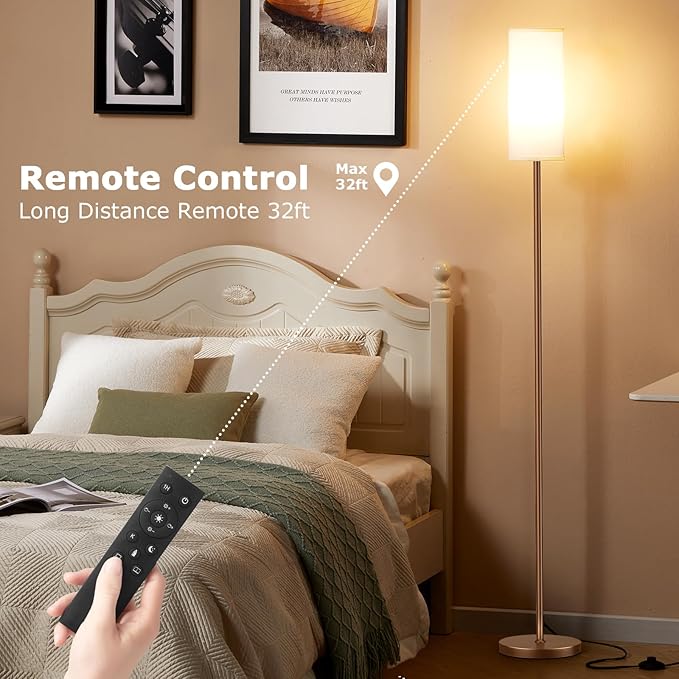 Ambimall 64'' Floor Lamps for Living Room with Remote Control and Stepless Dimmable Colors Temperature & Brightness, 9W Bulb Included(White Lampshade & Brown Pole)