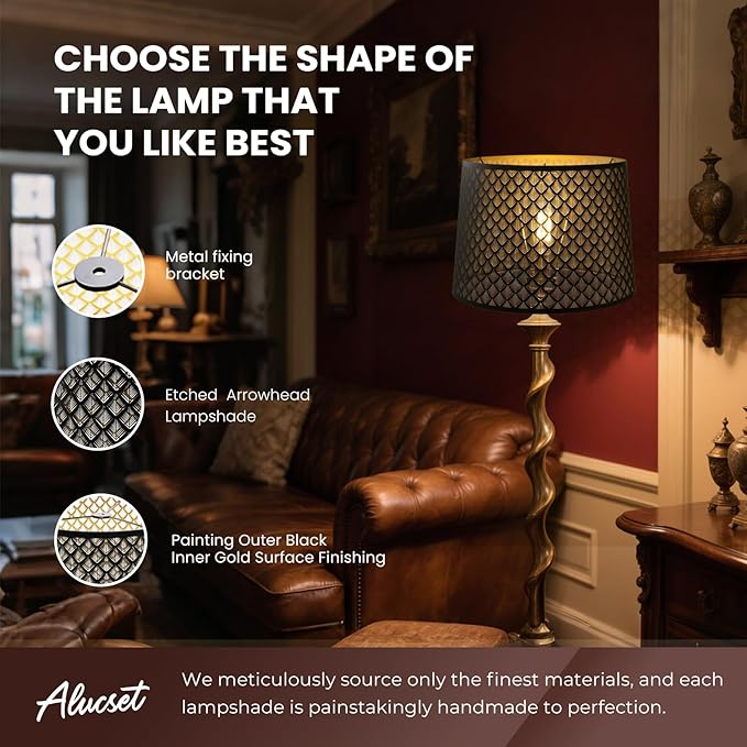 ALUCSET Drum Lampshade 14" Top x 16" Bottom x 11" High (Spider) Large Lamp Shade Replacement for Table Lamps and Floor Lamp Modern Lamp Shades, Black and Gold Lampshades with Etched Arrow Pattern